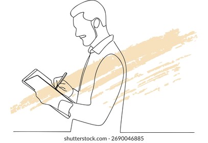Sola línea dibujando el hombre que escribe en el cuaderno con el bosquejo abstracto beige de las pinceladas