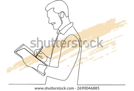Single line drawing man writing in notebook with beige abstract brush strokes sketch