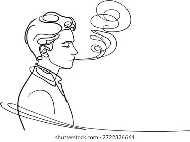 Dibujo de una sola línea del perfil de un hombre exhalando, con estilizadas líneas de remolino que emanan de su boca. Representa relajación, pensamiento o expresión. Estilo minimalista sobre fondo transparente.