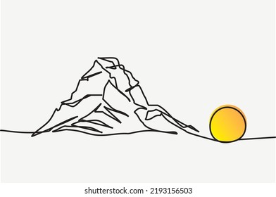 Dibujo de una sola línea de montaña Matterhorn y sol completo en río alpino. Ilustración vectorial de monte matterhorn para icono, símbolo, logotipo, afiche de viaje y tarjeta de turismo. Una línea de montañas alpinas.