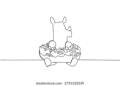 Dibujo de una sola línea de rinocerontes muy adorados para el concepto de la industria pastelera muestra un animal lindo sentado dentro de una rosquilla dulce. El boceto simple se ajusta al tema del día internacional de la comida con un fuerte mamífero con cuernos salvajes