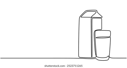 Single line drawing of a milk carton and a glass. Minimalist design for breakfast essentials. Vector illustration.