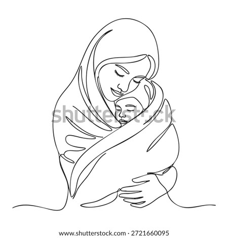A single line drawing of a mother tenderly holding a baby wrapped in a blanket, with closed eyes conveying love.