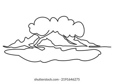 Single line drawing of  mountain in middle sea and clouds. Vector illustration of volcano in sea and smoke for symbol, icon, logo, emblem. Simple line vector for adventure and disaster preparedness.