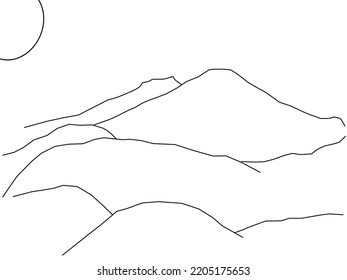 Single line drawing of mountains and hills with round sun. One line dynamic minimalist concept drawing graphic design vector illustration