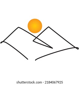 Single line drawing of mountains and sun. Modern one line nature illustration. Abstract mountain range landscape background.  Vector sunset wallpaper for icon, logo, travel poster, tourism card.