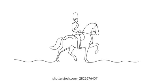 Single line drawing of a mounted royal guard. Continuous line drawing of a British royal guard riding a ceremonial horse. Symbol of royal tradition and honor. Vector illustration.