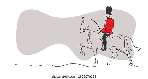 Single line drawing of a mounted royal guard. Continuous line drawing of a British royal guard riding a ceremonial horse. Symbol of royal tradition and honor. Vector illustration.