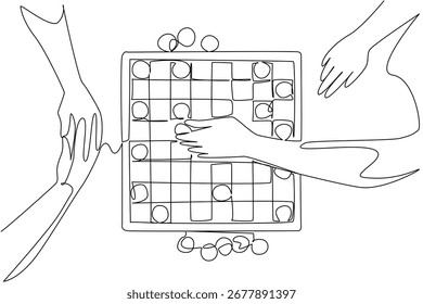 Desenho de linha única de múltiplas mãos movendo fichas em um jogo de tabuleiro de mesa, representando o Dia Internacional do Tabletop com um conceito de comunidade, entretenimento e criatividade.