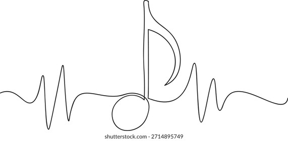 Single line drawing musical note and heartbeat wave