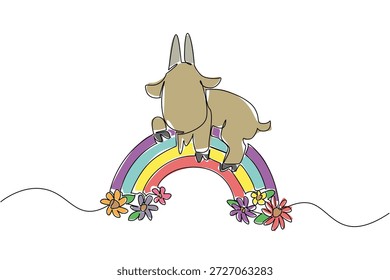 Concepto de la naturaleza del dibujo de la sola línea para el tema lindo del animal de granja, mostrando una cabra que equilibra y que se acuesta en un arco iris con las flores, perfecto para la decoración de la habitación de los niños y el diseño del día mundial de los animales de granja