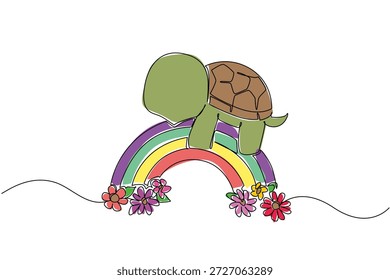 Conceito de desenho de linha única da natureza para o tema de animal réptil bonito, mostrando uma tartaruga movendo-se através do arco-íris colorido com flor, encantador para a decoração de quarto de crianças e arte de celebração do Dia Mundial da Tartaruga