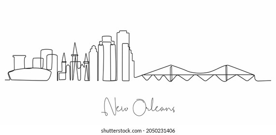 Single Line Drawing Of New Orleans City Skyline, Louisiana. Historical Town Landscape In The World. Best Holiday Destination. Editable Stroke Trendy Continuous Line Draw Design Vector Illustration
