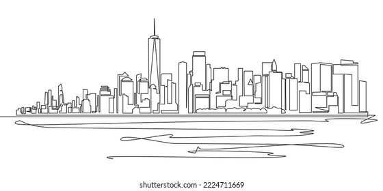 single line drawing of New York City skyline, Manhattan seen from water line art vector illustration