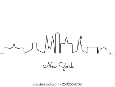 Dibujo de una sola línea del horizonte de la Nueva ciudad de York, Estados Unidos. Representa el paisaje histórico, ideal para carteles de destinos de vacaciones en un diseño de trazo de moda y editable.