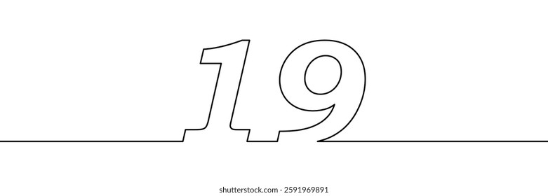 A single line drawing of a nineteen symbol. One line icon. Continuous line nineteenth number icon. Vector illustration.