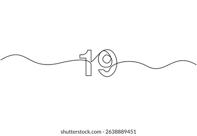 A single line drawing of a nineteen symbol. One line icon. Continuous line nineteenth number icon. Vector illustration.