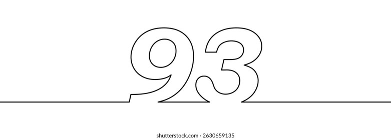 A single line drawing of a ninety three  symbol. One line icon. Continuous line ninety third number icon. Simple black outline of the number 93. Vector illustration