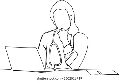 Single line drawing of a nurse sitting in front of a labtop, vector art illustration of a doctor fully dressed with examination tools sitting in front of a labtop.