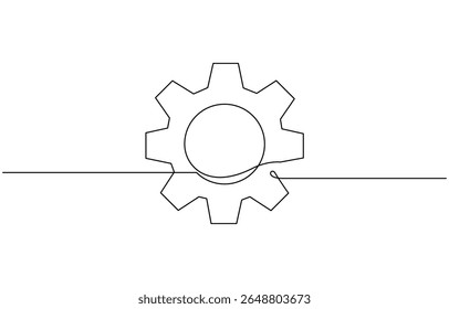 Single line drawing with one gear. One continuous line illustration of gear wheel, Continuous gear sketch icon, minimal mechanical outline, one stroke cogwheel, simple vector illustration