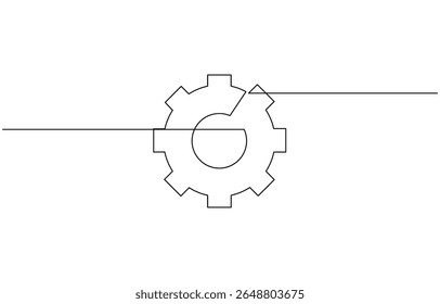 Single line drawing with one gear. One continuous line illustration of gear wheel, Continuous gear sketch icon, minimal mechanical outline, one stroke cogwheel, simple vector illustration