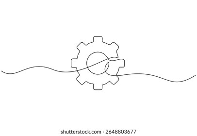 Single line drawing with one gear. One continuous line illustration of gear wheel, Continuous gear sketch icon, minimal mechanical outline, one stroke cogwheel, simple vector illustration
