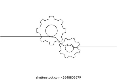 Single line drawing with one gear. One continuous line illustration of gear wheel, Continuous gear sketch icon, minimal mechanical outline, one stroke cogwheel, simple vector illustration