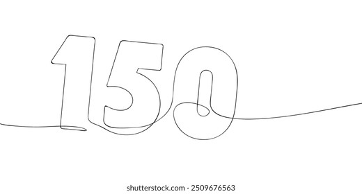 A single line drawing of a one hundred and fifty symbol. Continuous line one hundred fiftieth number icon. One line icon. Vector illustration.