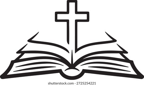 Single line drawing of open book with cross. Simple outline illustration representing faith, religion, or spirituality. Clean vector art of holy scripture and religious symbol for devotional or educational use.