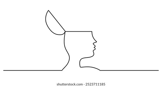 Dibujo de una sola línea de un símbolo de cabeza abierta. Diseño minimalista que representa la mente abierta. Ilustración vectorial.