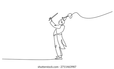 Einzeilige Zeichnung eines Orchesterdirigenten, der mit einem Taktstock dirigiert. Einzeilige Kunst einer musikalischen Aufführung. Vektorgrafik-Symbol für Führung und klassische Sinfonie.