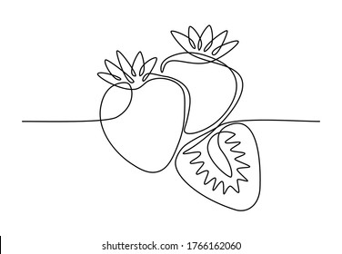 Single line drawing of organic strawberries for fruit garden icon. Fresh berries fruitage concept for orchard logo identity. Modern continuous line draw design vector illustration