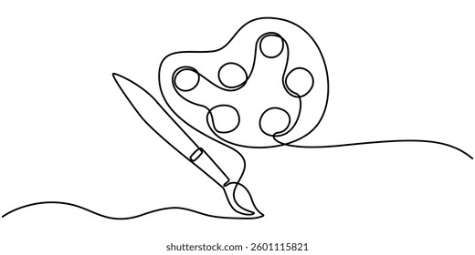  A single line drawing of a palette. Continuous line coloring palette icon. One Art brushes, palette and tubes of paints, drawn with continuous line in minimalism, abstrane icon. Vector illustration. 