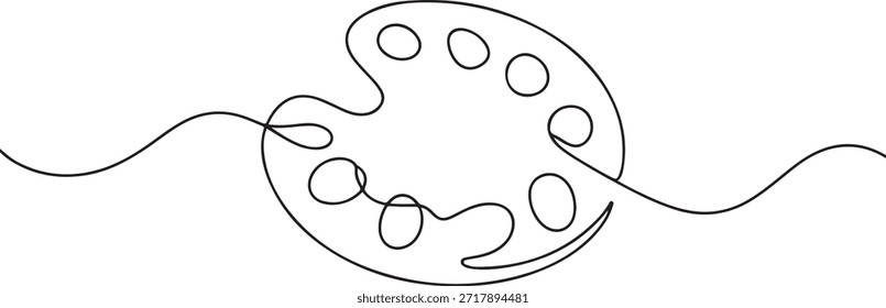 Un dibujo de una sola línea de una paleta. Icono de paleta de colores de línea continua. One Art pinceles, paleta y tubos de pinturas, dibujados con línea continua en minimalismo. una línea Icono dibujo
