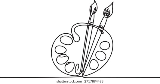 Eine einfache Linienzeichnung einer Palette. Farbpalettensymbol für fortlaufende Linien. One Art Pinsel, Palette und Röhren von Farben, mit durchgehenden Linien im Minimalismus gezeichnet. einzeilige Symbolzeichnung
