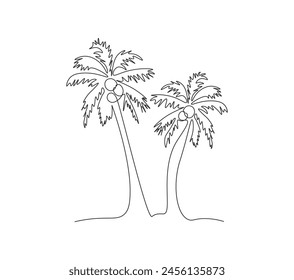 Una sola línea dibujando la palmera en una línea continua. Vegetación tropical. Cocotero. Ilustración mínima moderna en estilo de arte de línea. Vector sobre fondo blanco.
