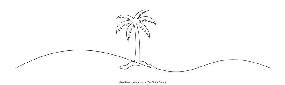 A single line drawing of a palm tree on a minimalist island scene. Simple, elegant art for tropical themes and travel designs.