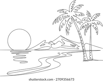Single line drawing of palm trees and sun over water
