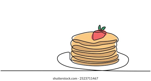 Dibujo de una sola línea de panqueques con fresas en un plato. Diseño de alimentos limpio y sencillo. Ilustración vectorial.