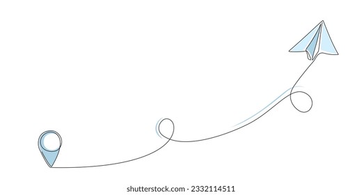 Single line drawing of paper airplane wit destination line path of flight route with starting point location. Continuous one line drawing for business, travel or journey illustration. Editable stroke