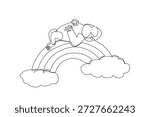 Single line drawing of peaceful strong baby gorilla napping comfortably in supine position on vibrant rainbow arch situated between two soft clouds. Nature concept jungle theme for World Gorilla Day
