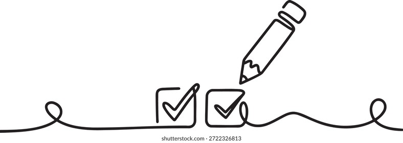 Single line drawing of pencil checking boxes on a list. Vector illustration for task completion, to-do list, planning, organization, survey, or decision making. Represents progress and accomplishment.