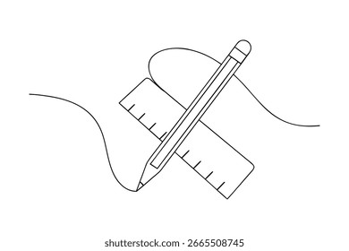 Single line drawing pencil ruler creating a curved line artistic education