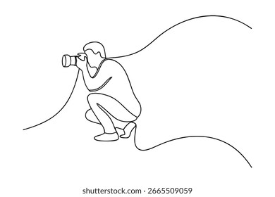 Desenho de linha única de uma pessoa agachada com um equipamento fotográfico de câmera