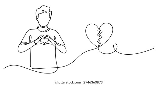 A single line drawing of a person making a heart shape with hands connected to a broken heart. Vector, illustration