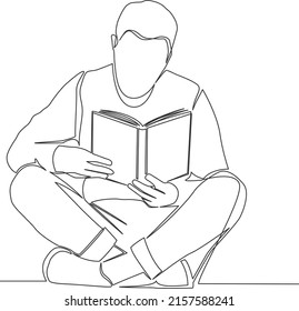 single line drawing of person reading book sitting cross-legged on ground, line art vector illustration