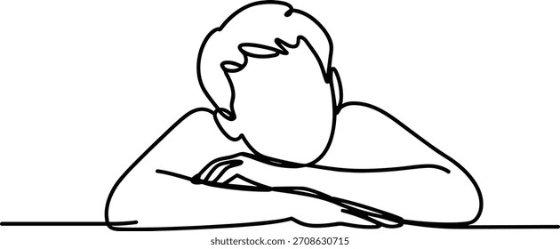 Desenho de linha única de uma pessoa que descansa a cabeça nas mãos