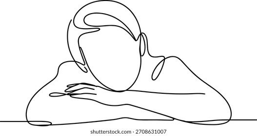 Desenho de linha única de uma pessoa que descansa a cabeça nos braços