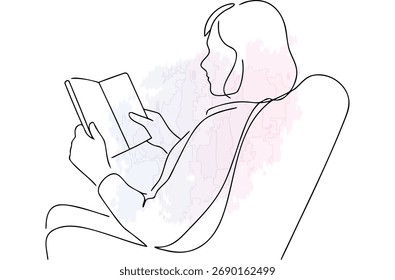 Single line drawing a person sitting reading a book with abstract watercolor vector
