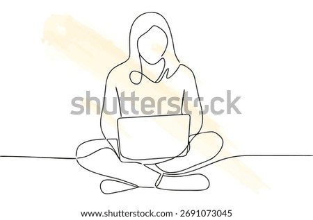 Single line drawing a person sitting cross legged with a laptop vector
